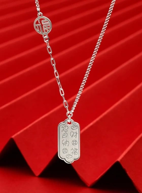 7813号足银990碎冰冰招财纳福项链女新中式气质纯银方块轻奢项链