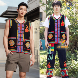 彝族男套装马甲马褂云南楚雄路南石林四川大凉山彝族火把节服装