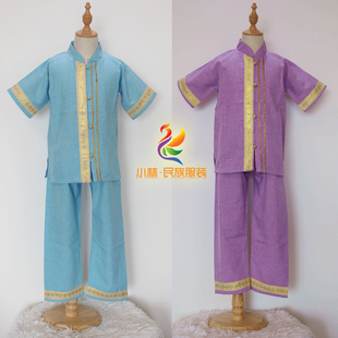 云南西双版纳 精品棉麻布料泰国男童傣族儿童服装泼水节生活服饰
