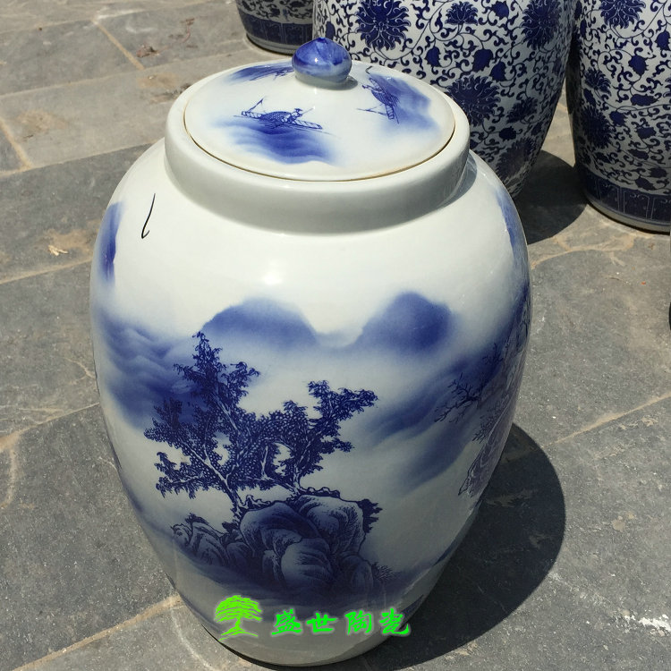 景德镇落地带盖子山水图陶瓷器