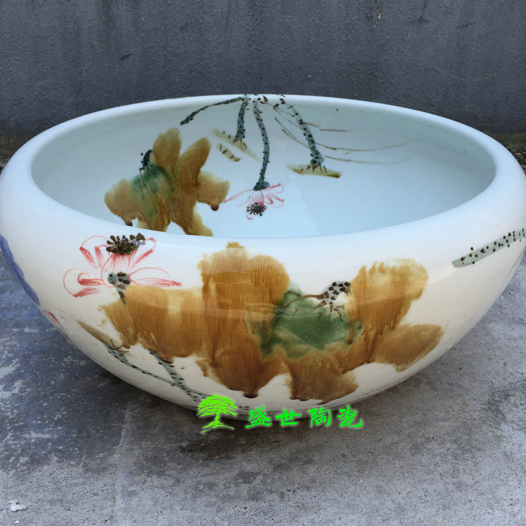 景德镇陶瓷器 小金鱼缸 水浅笔洗 睡莲水仙花盆 手绘窑变荷花莲花