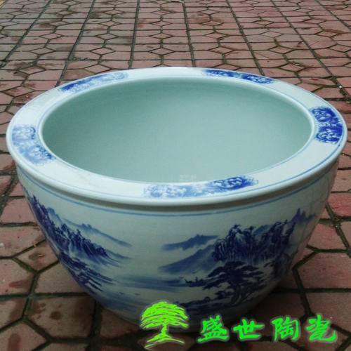 景德镇陶瓷器 落地大鱼缸鱼盆乌龟缸水缸 青花瓷新款山水图水族箱