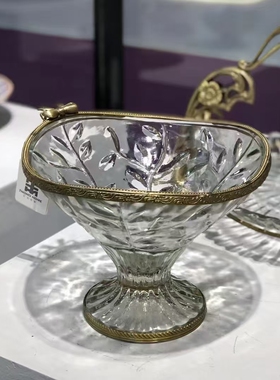 印度玻璃进口黄铜装饰干果盘复古水果碗茶几轻奢手工玄关装饰摆件