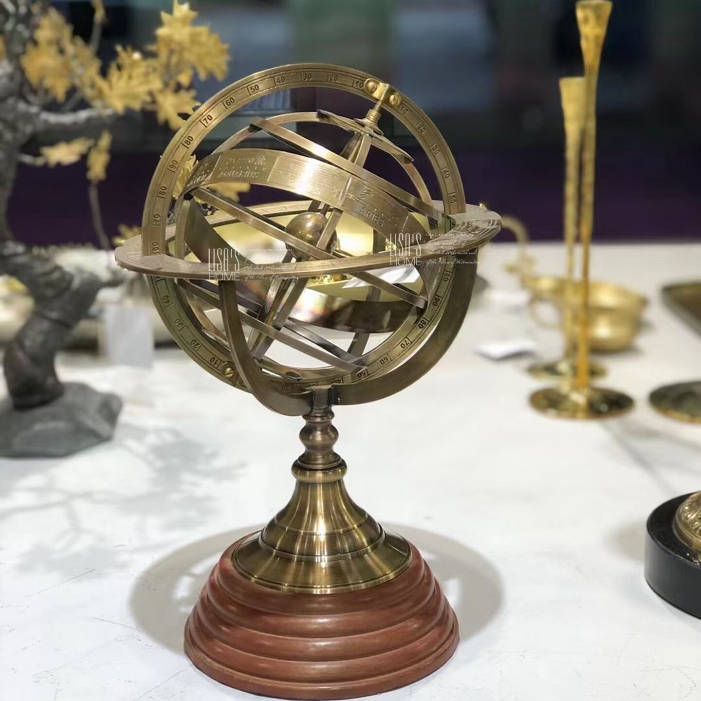 印度进口复古风格书房黄铜摆件欧美式浑天仪地球仪别墅样板间陈设