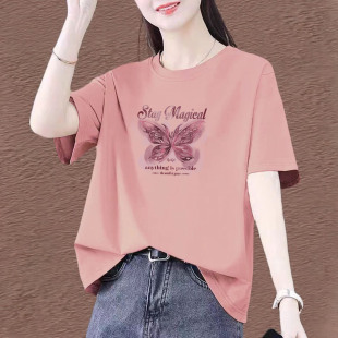中年妈妈装 纯棉短袖 蝴蝶印花体恤衫 新款 上衣 女t恤柔软2026夏季