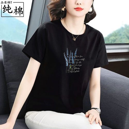 纯棉短袖t恤女宽松显瘦圆领花卉印花中年妈妈体恤衫
