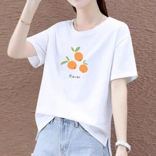 纯棉女t恤短袖圆领正肩2026夏装新款半袖女款弹力分叉印花体恤衫