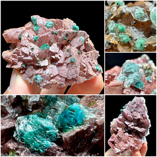 红色铁白云石透明石膏包裹孔雀石天然矿物晶体矿石标本摆件教学观