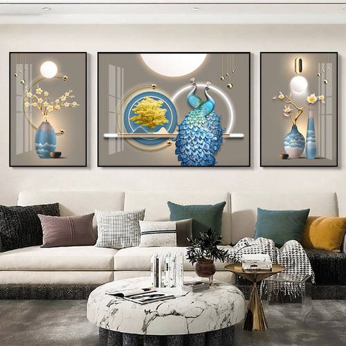 轻奢客厅装饰画吉祥孔雀现代沙发背景墙挂画新款三联画晶瓷画简约