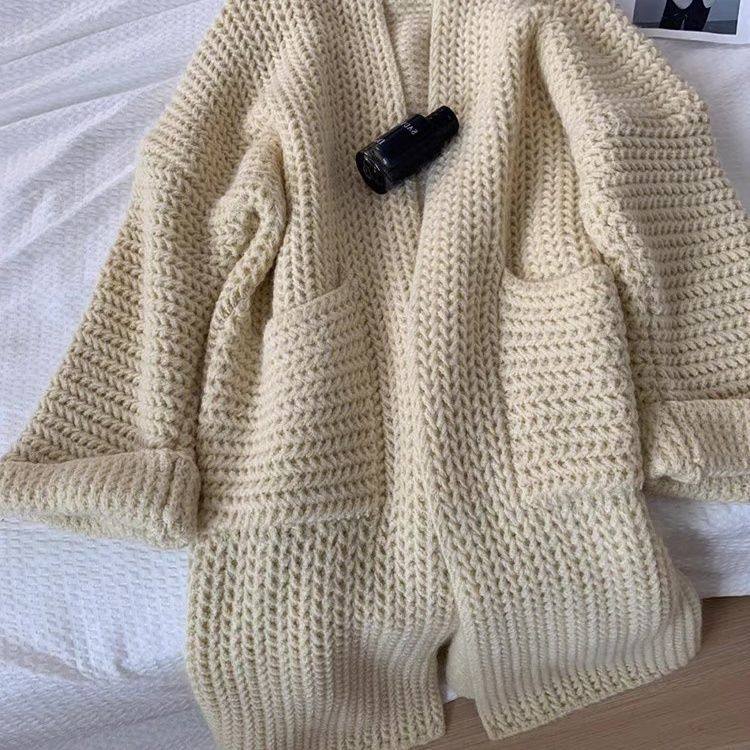 韩版复古中长款针织开衫女秋冬新款软糯宽松慵懒风长袖毛衣外套