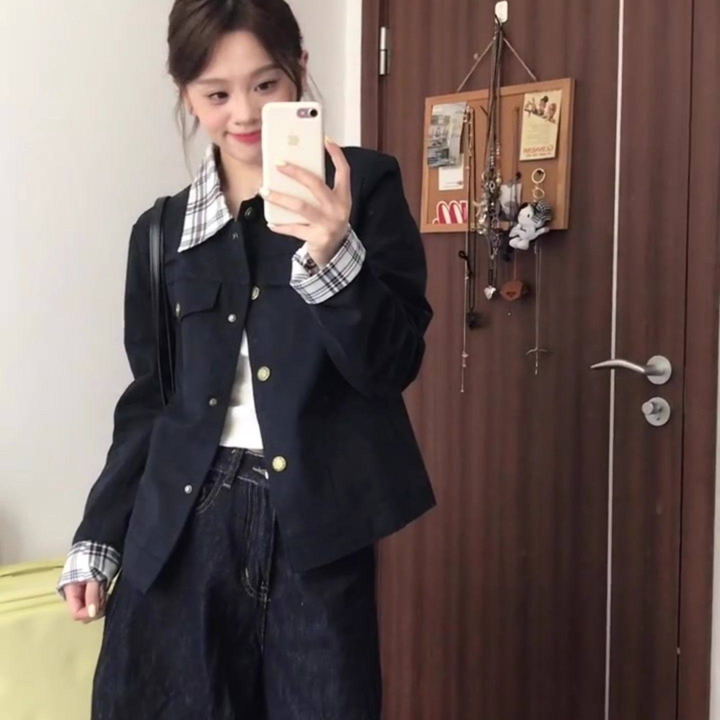 独特漂亮的初秋外套女2025新款秋小个子休闲翻领格纹拼接夹克潮