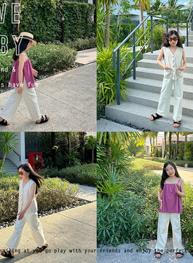 1111大促LBQ原创童装  进口砂洗弹力双径斜纹白色百搭可调节长裤