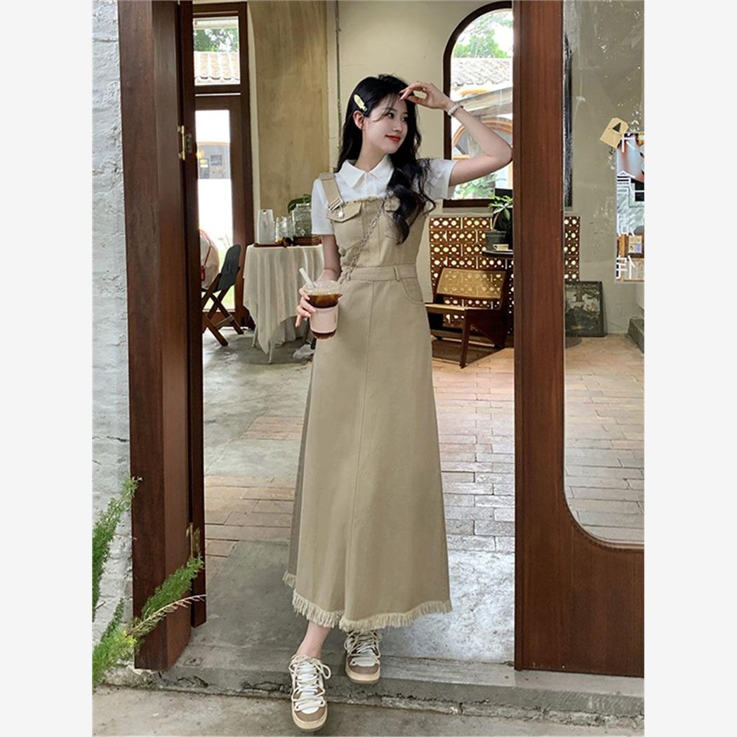 2023新款女生显瘦收腰连衣裙超长裙到脚踝背带牛仔裙子两件套装女