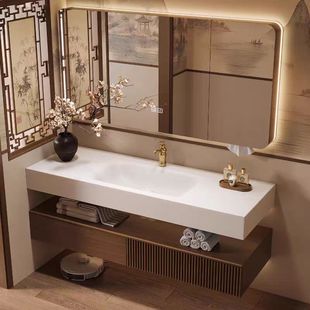 浴室柜复古橡胶木意式轻奢扫地机器人中古风卫浴柜岩板热弯一体盆