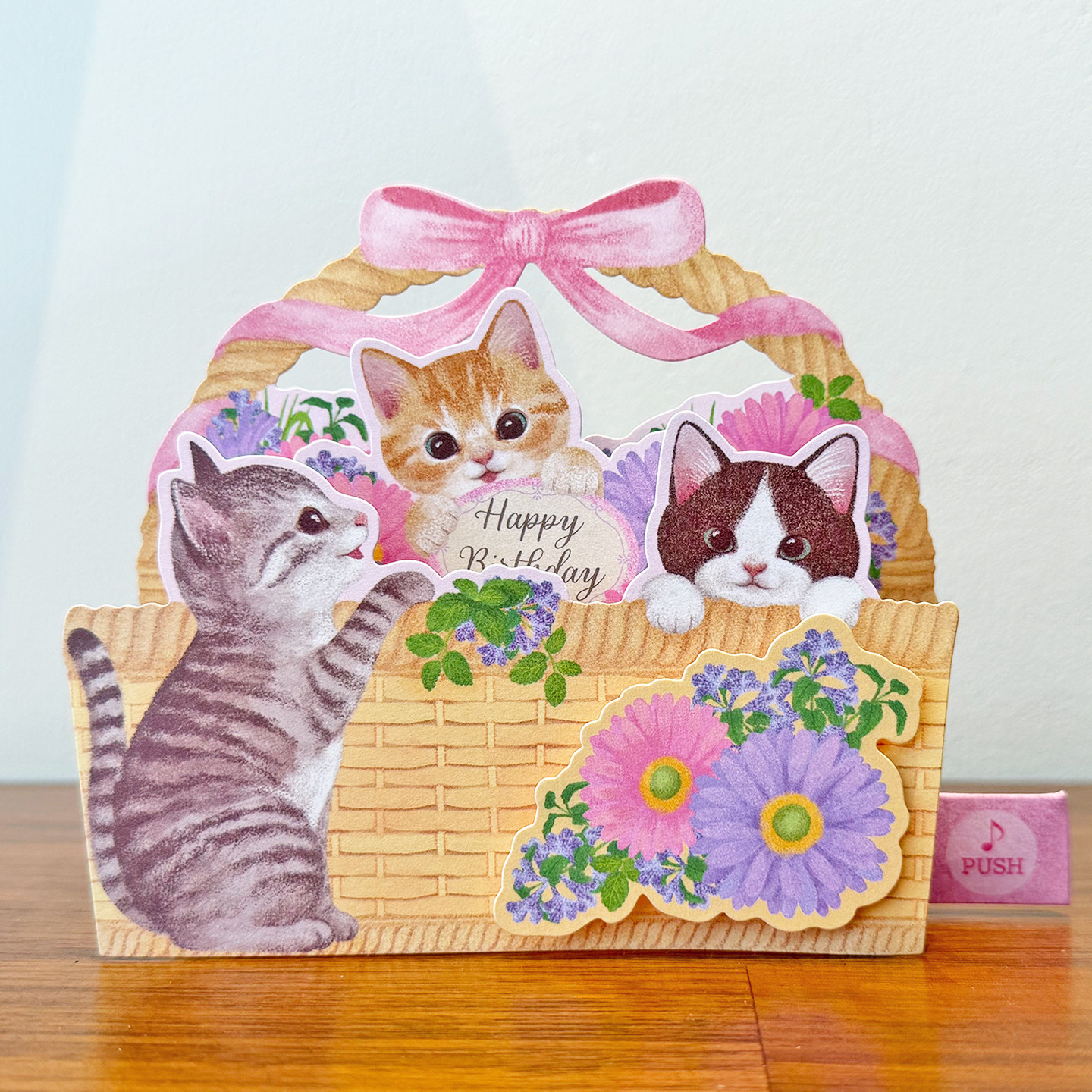日本代购手工唱歌喵星人猫咪花朵篮子造型生日音乐贺卡立体装饰