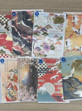 日本制2026年高级精致长寿花富士山吉祥复古高级仙鹤对折贺卡片