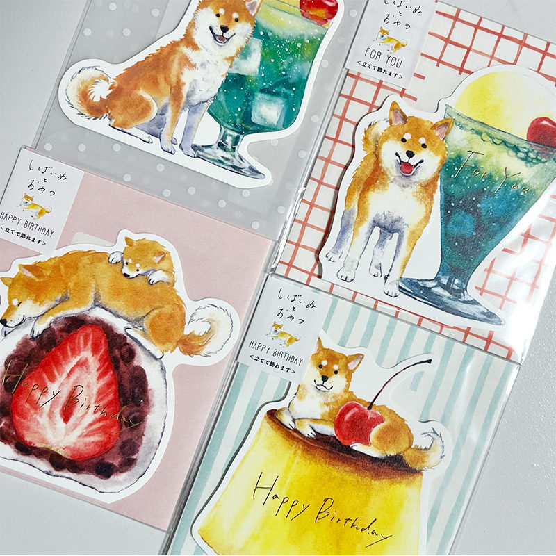 日本制人气生日通用村田柴犬手绘可爱夏日限定饮料甜品立体贺卡片