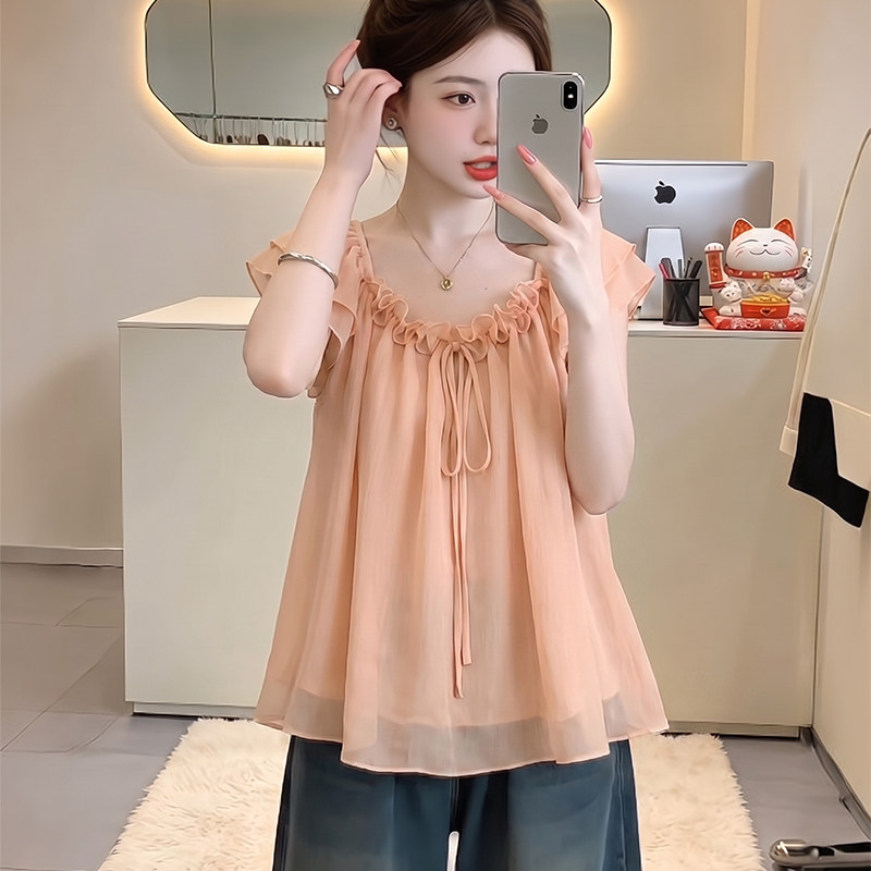 时尚温柔甜美风小飞袖衬衫女夏季大码内搭