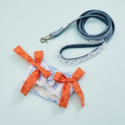 燕子萌宠屋韩国代购Louisdog小型猫狗条纹蝴蝶结胸背牵引绳套装