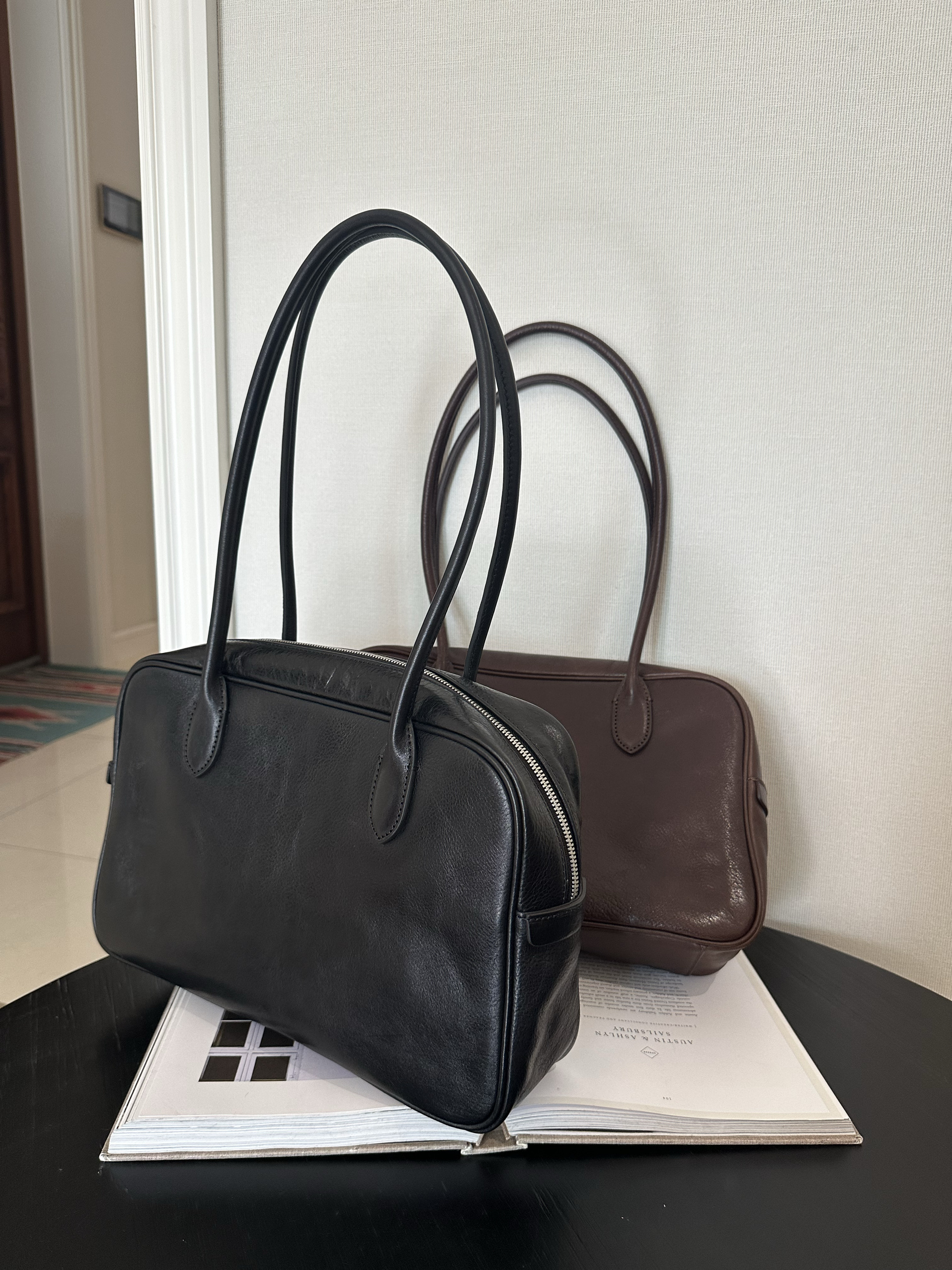 ZOEYLEE 进口头层植鞣牛皮保龄球女包 复古通勤手提包公文包