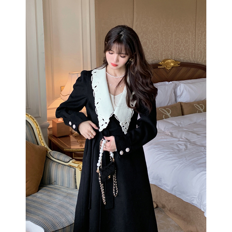 撞色娃娃领中长款显瘦外套潮