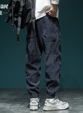 春季华夫格休闲裤男宽松大码胖子卫裤潮流百搭灯芯绒哈伦运动裤子