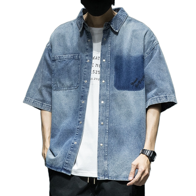 高级感水洗牛仔短袖衬衫夏季宽松