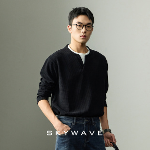 轻熟通勤百搭休闲长袖 华夫格假两件亨利领t恤男士 400克欧棉绒