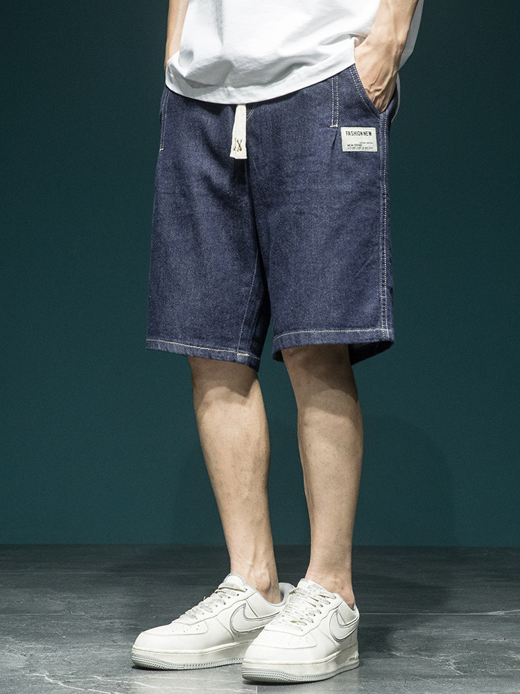 JAPANESE VERSATILE PRIMARY COLOR DENIM SHORTS MENS SUMMER LOOSE PLUS SIZE FAT ELASTIC WAIST PLUS FAT PLUS FIVE-POINT PANTS