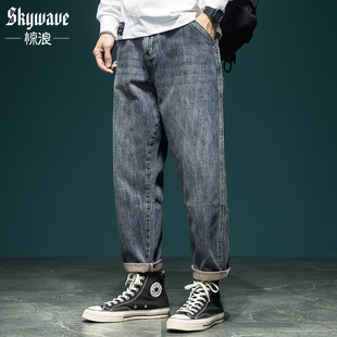 新款 男秋季 潮牌哈伦直筒裤 宽松加肥加大码 子 美式 老爹裤 复古牛仔裤