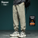 高端肌理感华夫格休闲裤男宽松大码冬季新款加绒保暖运动束脚卫裤