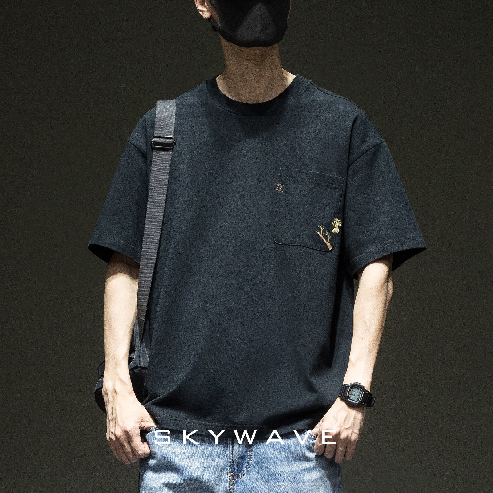 小熊刺绣口袋圆领t恤男士夏季凉感舒适半袖日系潮牌宽松短袖体恤,男装,T恤,淘宝优惠券,粉丝福利购,淘宝优惠卷