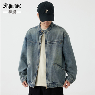 复古水洗夹克男士 胖子百搭休闲牛仔外套男装 秋季 宽松大码 新款 美式