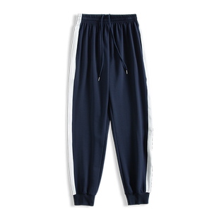 藏蓝色宽白一条杠束脚运动校服长裤做工好春秋初高中男女学生裤子