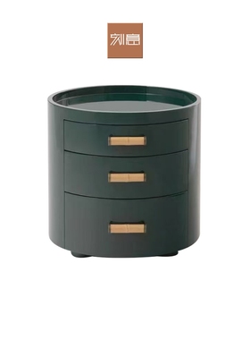 意式极简墨绿色床头柜意大利新款家用高端实木烤漆卧室圆形床边柜