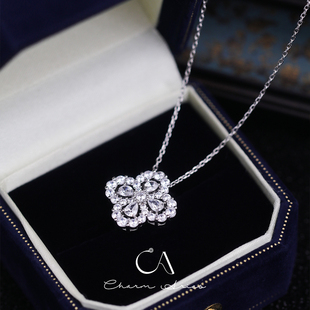 S925纯银四叶草项链hw满钻水滴轻奢珠宝级花朵锁骨链节日女友礼物