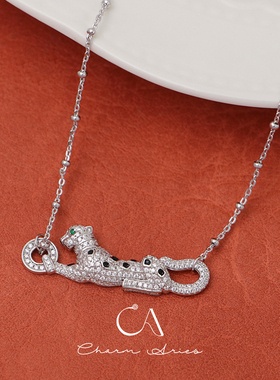 S925纯银豹子项链珐琅黑花纹轻奢满钻高级感金钱豹绿眼女士锁骨链