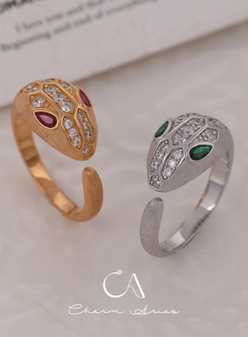 s925银拉丝绿眼灵蛇戒指