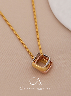 s925银环环相扣三色方环轻奢项链