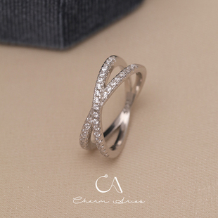 满钻镶嵌X交错流线型S925纯银戒指小众设计简约叠戴百搭轻奢指环