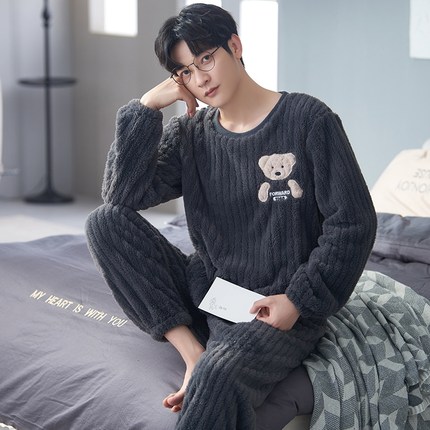 珊瑚绒睡衣男士秋冬季加绒加厚青少年法兰绒可外穿保暖家居服套装