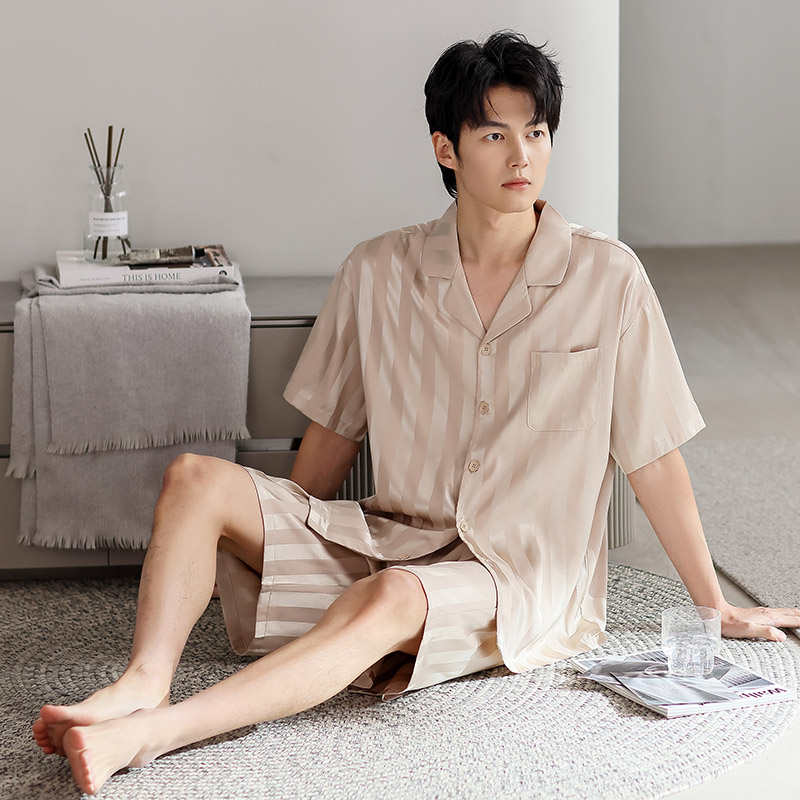 睡衣男夏季冰丝薄款短袖开衫仿真丝绸男款家居服2025新款宽松套装