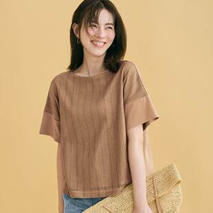 日单女装 针织棉短袖T恤大码女士套头衫 前片双层附网纱设计 显瘦