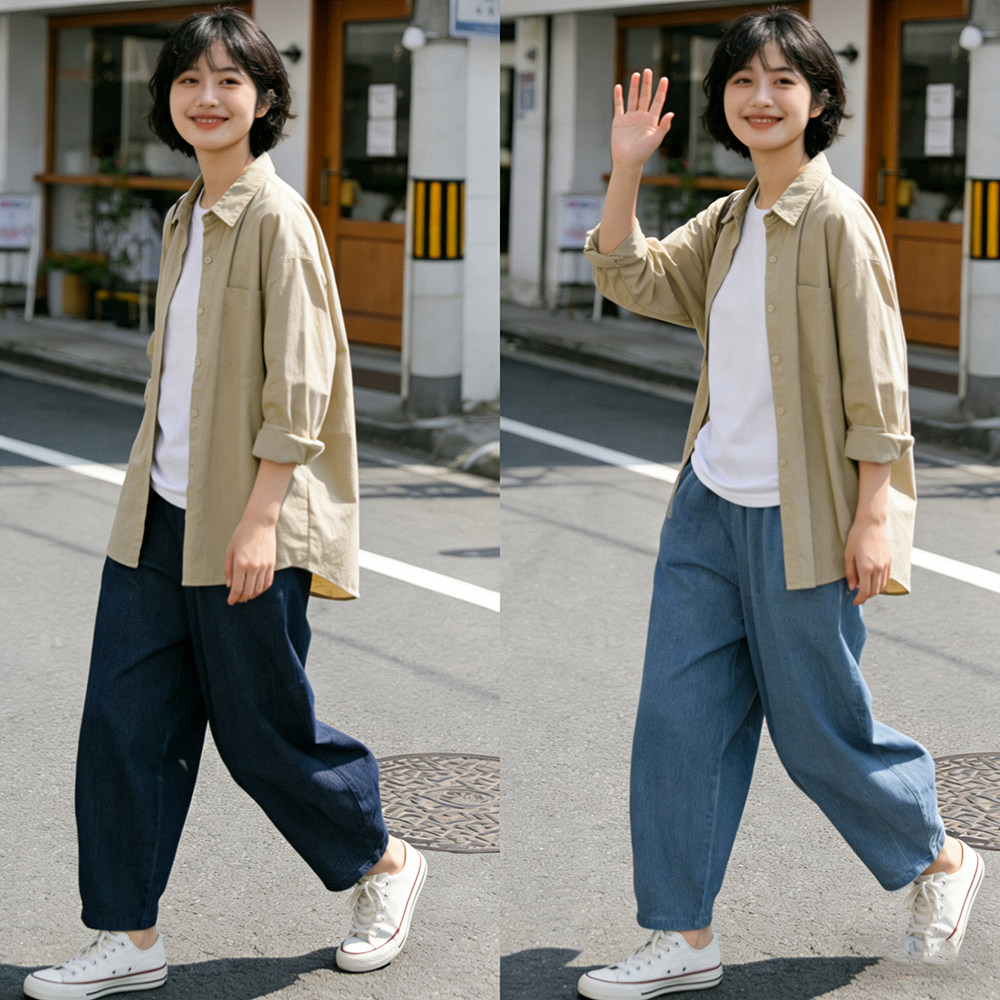 日系纯棉九分裤女 软牛仔松紧腰造型裤 夏季宽松显瘦休闲灯笼裤