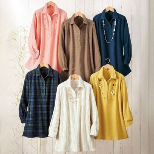 半开襟衬衫 100%纯棉杨柳绉好打理不易皱长袖 H1221 女装 日单系大码