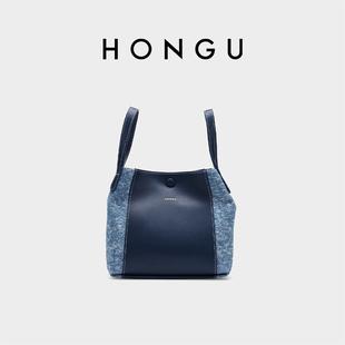 红谷包包休闲牛仔提花拼色单肩腋下包通勤斜挎女士包水桶包手拎包