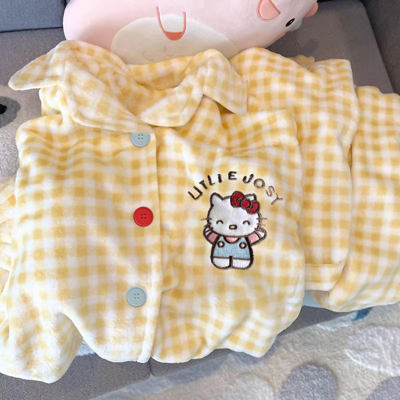 网红保暖秋冬款法兰绒睡衣女长袖长裤奶系卡通格子ins家居服实拍