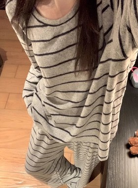 2025年秋冬季新款网红风韩版条纹德绒灰色条纹睡衣女家居服可外