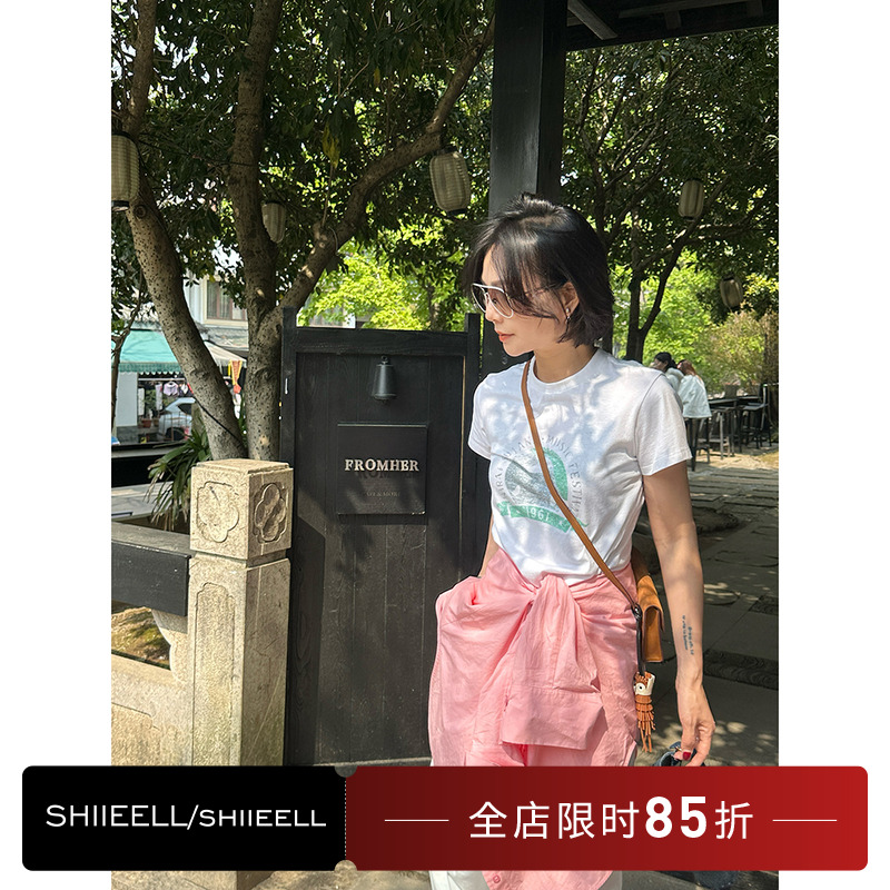 姣爷春夏复古做旧洋气休闲百搭气质印花棉感圆领短袖T恤Z1012