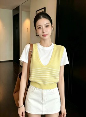 假两件针织衫女短袖2026夏季宽松条纹薄款显瘦上衣T恤打底衫黄色